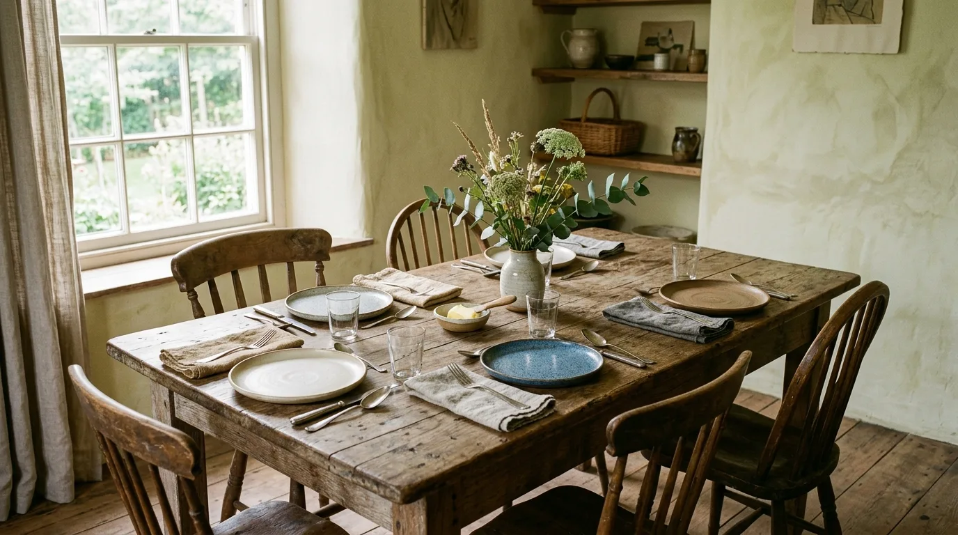 Choose a weathered table over a polished one inspiration for a Wabi Sabi interior.